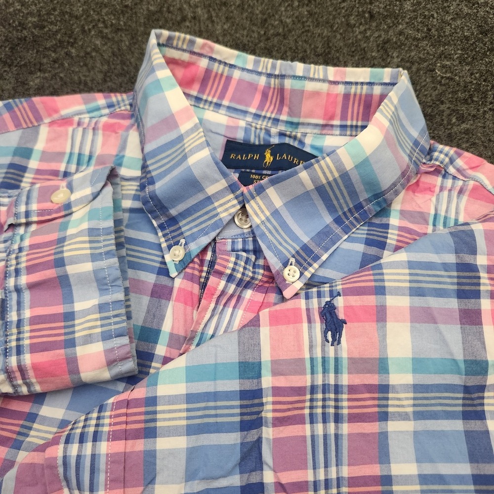 Ralph Lauren Mens XL Pink Blue Plaid 100% Cotton Stretch Button Down Shirt Pony